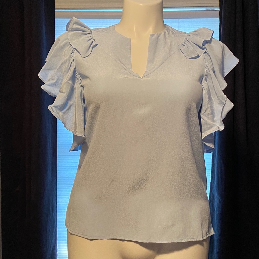 Anthro Acrobat ruffled sleeve pale blue notched neck top size XS NWT